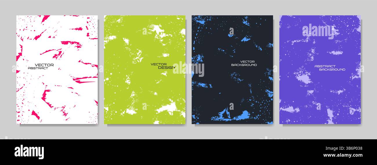 Illustrazione vettoriale. Set di sfondi a colori astratti disegnati a mano. I pennelli dell'inchiostro sporcano. Elementi di design per poster, libri o copertine di riviste, volantini Illustrazione Vettoriale