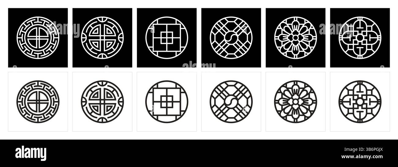 Una collezione di sei distinti motivi coreani tradizionali, presentati sia in nero su bianco che in bianco su variazioni nere. Illustrazione Vettoriale