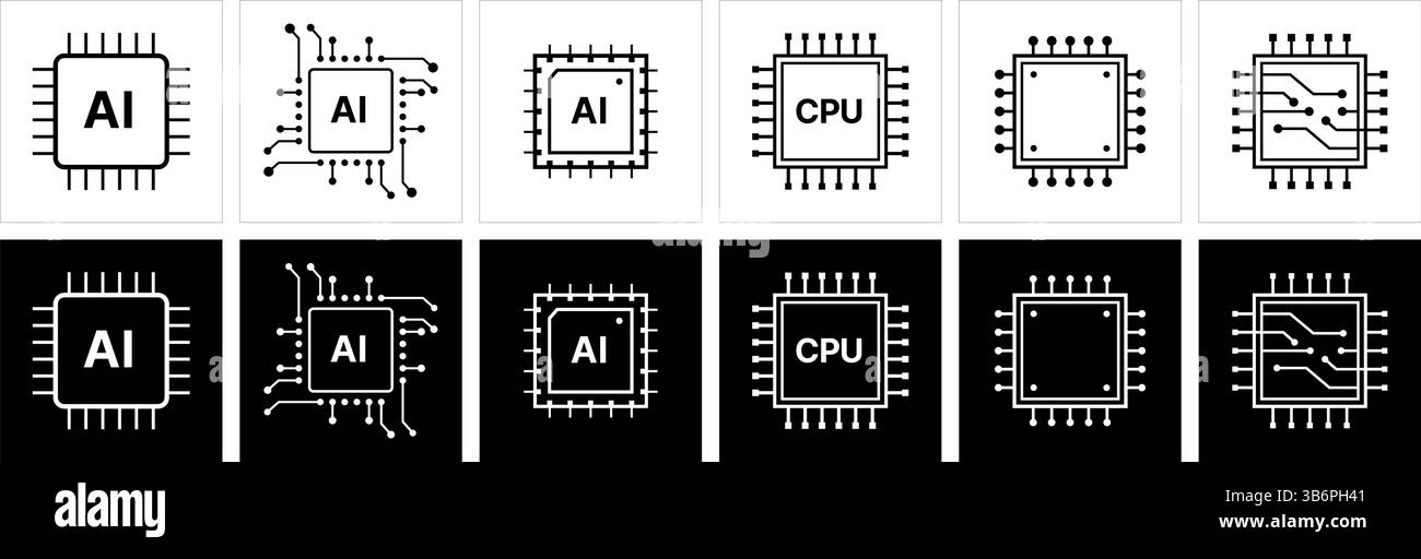 Set di illustrazioni vettoriali di microchip ai, icone del processore CPU con flag. Tecnologia per l'intelligenza artificiale, i semiconduttori e l'industria tecnologica. Illustrazione Vettoriale