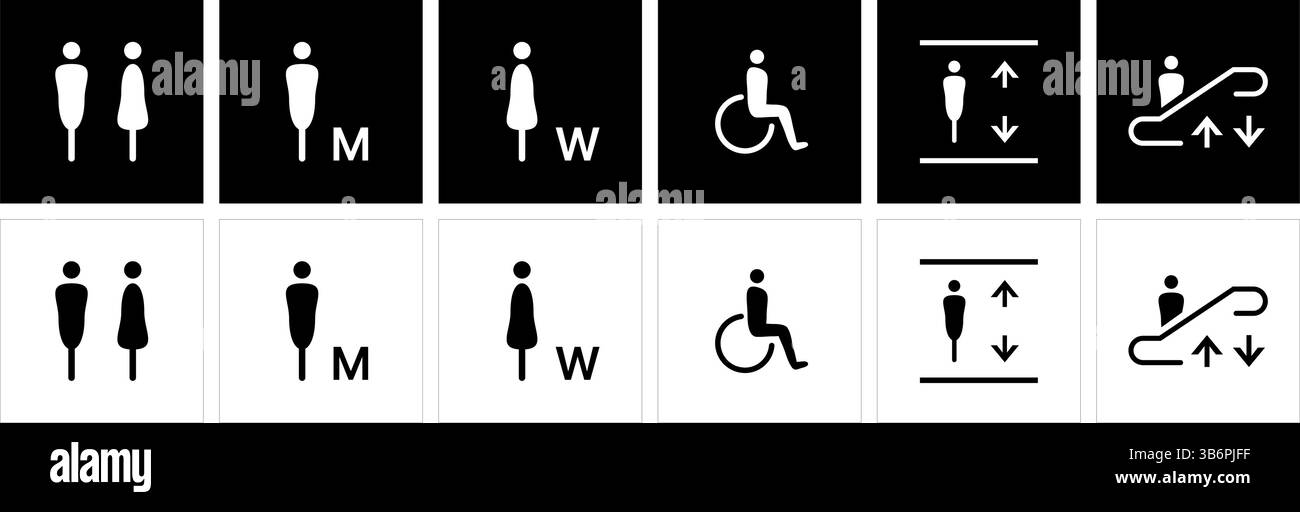 Icone vettoriali moderne per servizi igienici, uomini, donne, accesso disabili, scale, accesso wi-fi a internet, videosorveglianza, ascensore e cartelli per non fumatori. Illustrazione Vettoriale