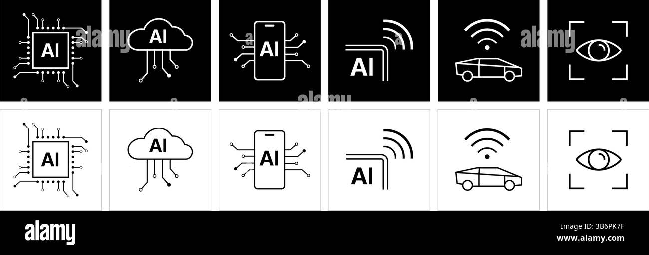 Un insieme di sei icone distinte che rappresentano vari aspetti della tecnologia di intelligenza artificiale (ai). Illustrazione Vettoriale