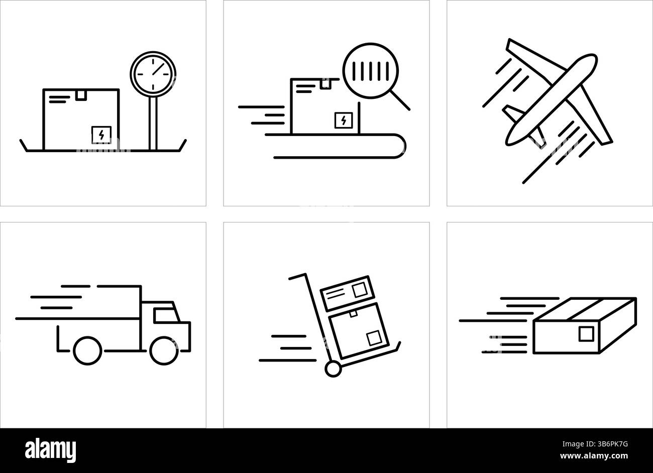 Icone di spedizione e consegna raffiguranti pesatura, scansione, trasporto aereo, consegna camion, carrello, e spedizione veloce. Illustrazione Vettoriale