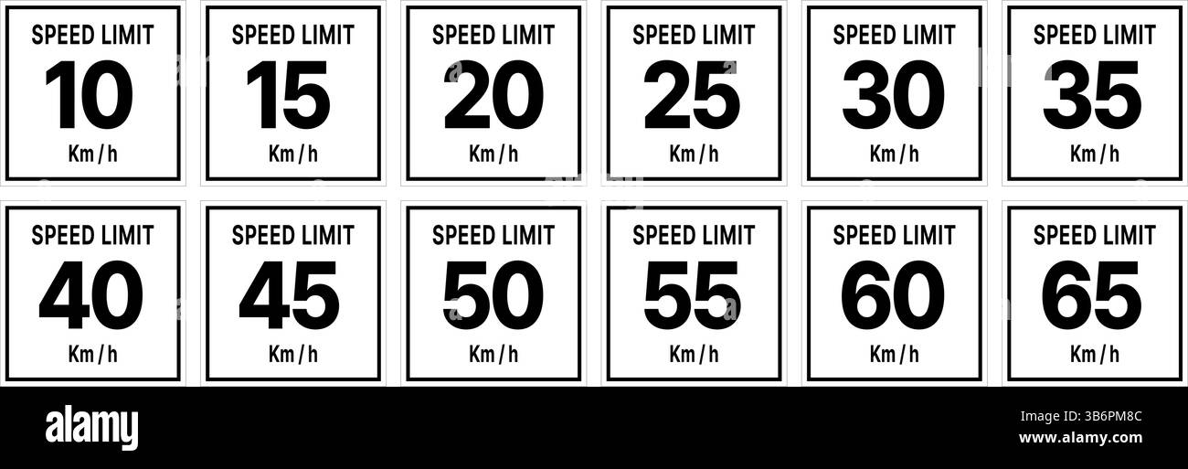 Una raccolta di vari segnali di limite di velocità quadrati che mostrano diversi valori di velocità massima compresi tra 10 e 65 chilometri orari (km/h). Illustrazione Vettoriale