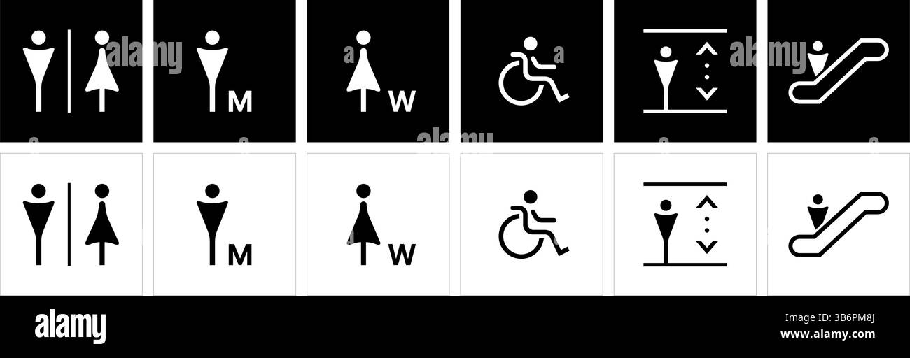 Icone vettoriali moderne per servizi igienici, uomini, donne, accesso disabili, scale, accesso wi-fi a internet, videosorveglianza, ascensore e cartelli per non fumatori. Illustrazione Vettoriale