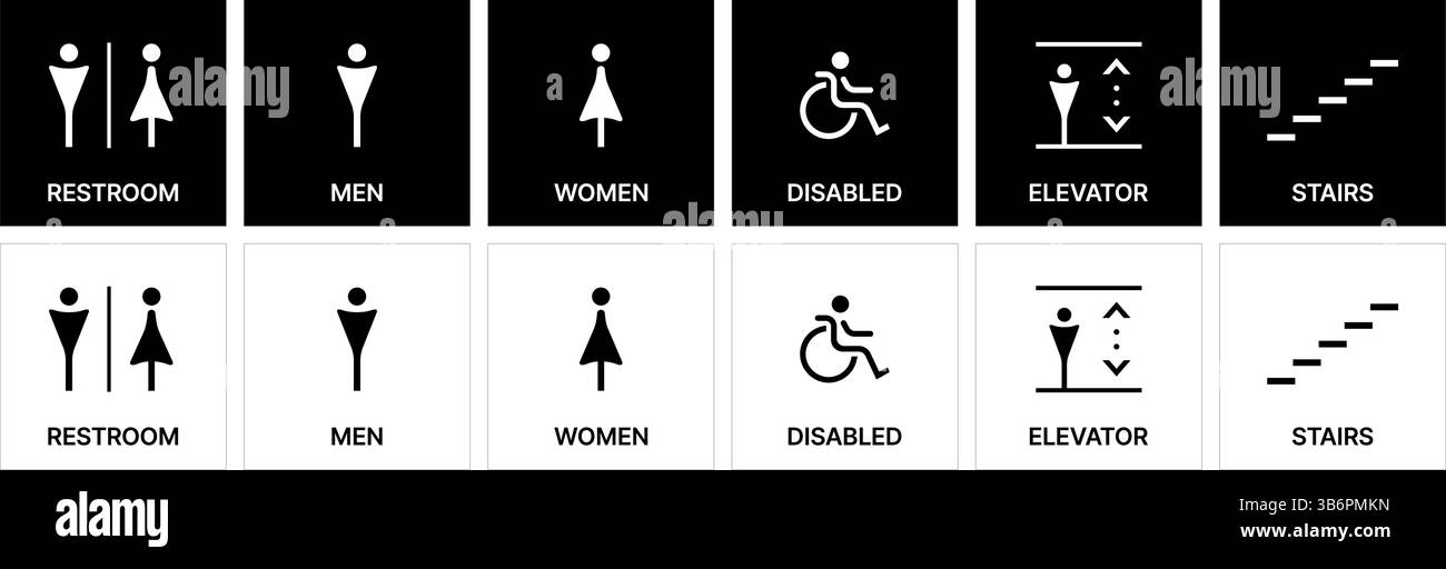 Icone vettoriali moderne per servizi igienici, uomini, donne, accesso disabili, scale, accesso wi-fi a internet, videosorveglianza, ascensore e cartelli per non fumatori. Illustrazione Vettoriale