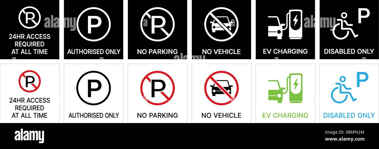 Una serie di diversi segnali di regolazione del parcheggio. Segnaletica chiara ed essenziale per la gestione del traffico e del parcheggio. Illustrazione Vettoriale