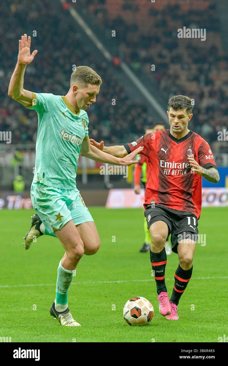 7 marzo 2024, Milano, null, Italia: Milano, Italia. 7 marzo 2024. Christian Pulisic (11) dell'AC Milan Seen e Lukas Provod (17) dello Slavia Praga durante la partita di UEFA Europa League tra l'AC Milan e lo Slavia Praga al San Siro di Milano. (Immagine di credito: © Gonzales Photo/Gonzales Photo tramite ZUMA Press) Foto Stock