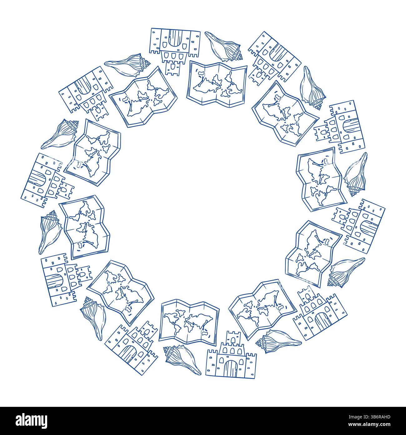 Modello circolare di uccelli volanti e conchiglie in un design minimalista Illustrazione Vettoriale