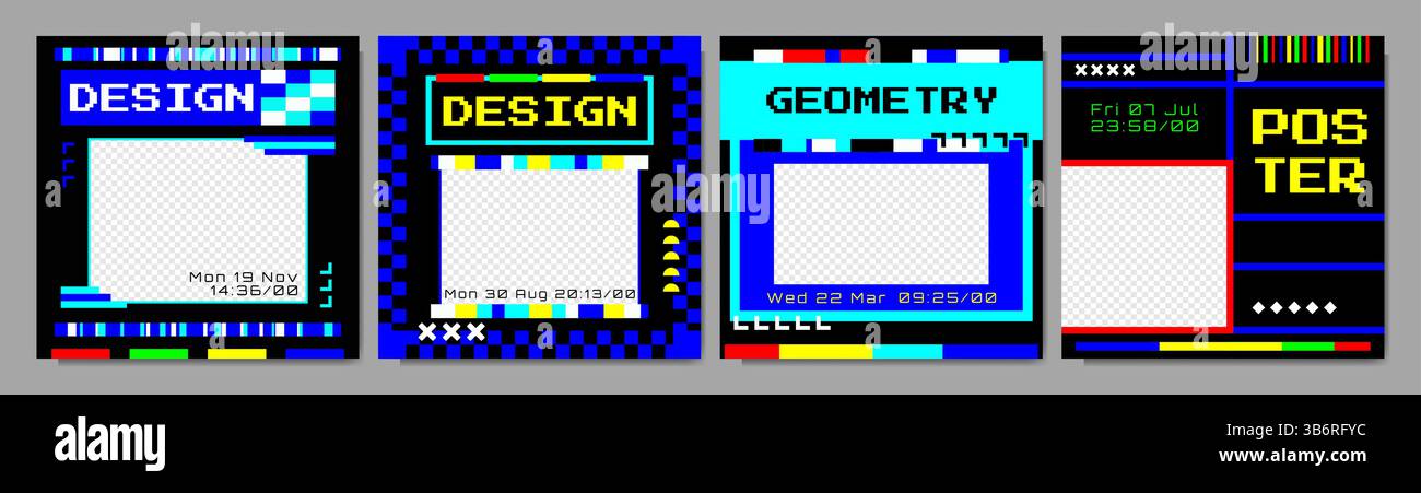 Illustrazione vettoriale. Cornice sovrapposta in stile retrò futuristico. Concetto Y2K con colori neon e forma audace. Elementi di progettazione per il modello di social media Illustrazione Vettoriale