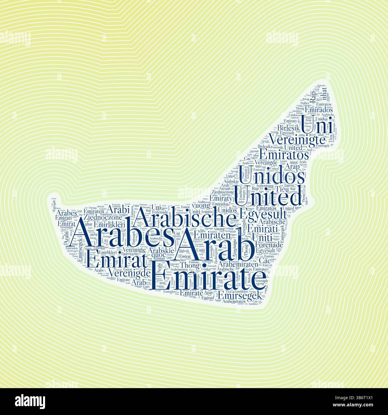 Forma degli Emirati Arabi Uniti formata dal nome del paese in più lingue. Confine degli Emirati Arabi Uniti su elegante sfondo sfumato a righe. Poster vibrante. Illustrazione Vettoriale