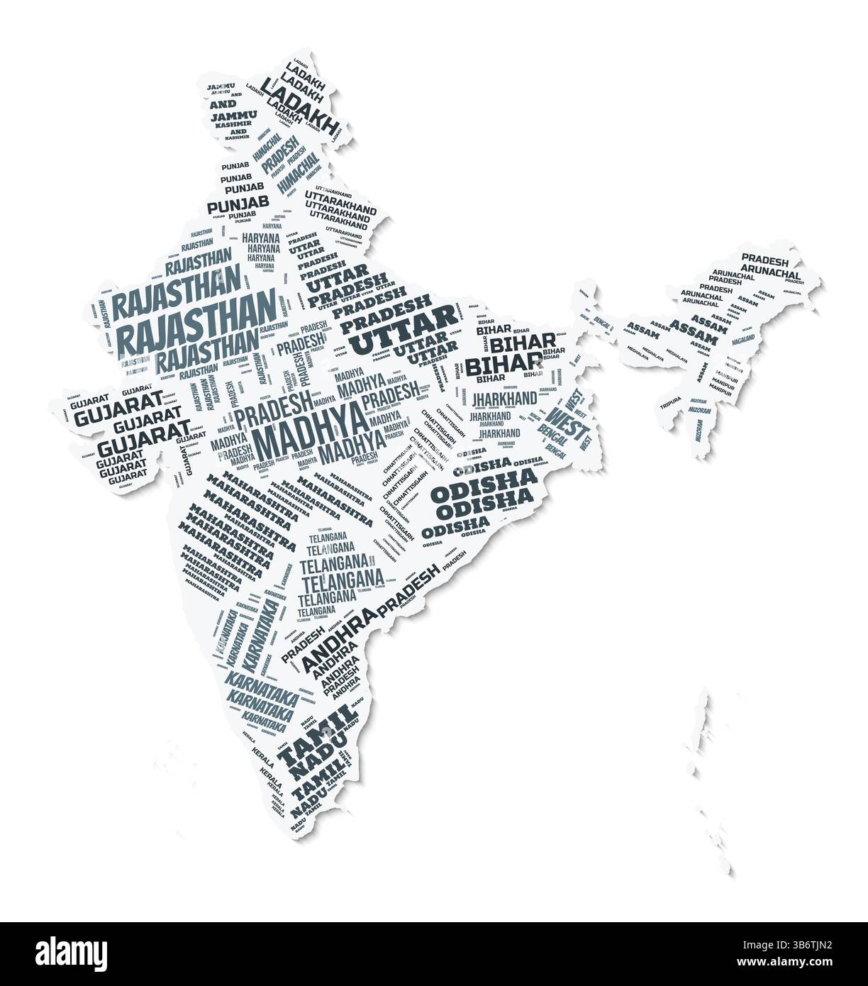 Nuvola di testo a forma di India. Confine del paese con ombra su sfondo bianco. India con divisione stati in stile vintage gazette. Illustrazione Vettoriale
