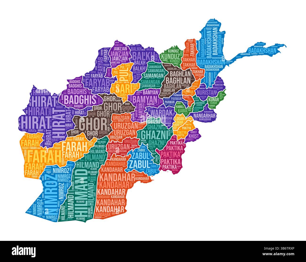 Forma Afghanistan. Cloud di parole del paese con divisione regionale. Illustrazione a colori dell'Afghanistan. Fumetto nomi area. Illustrazione vettoriale. Illustrazione Vettoriale