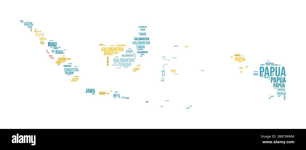 Word Cloud Indonesia. Forma del paese con divisione della regione. Immagine in stile tipografico indonesiano. I nomi delle regioni tag nuvole. Illustrazione vettoriale. Illustrazione Vettoriale
