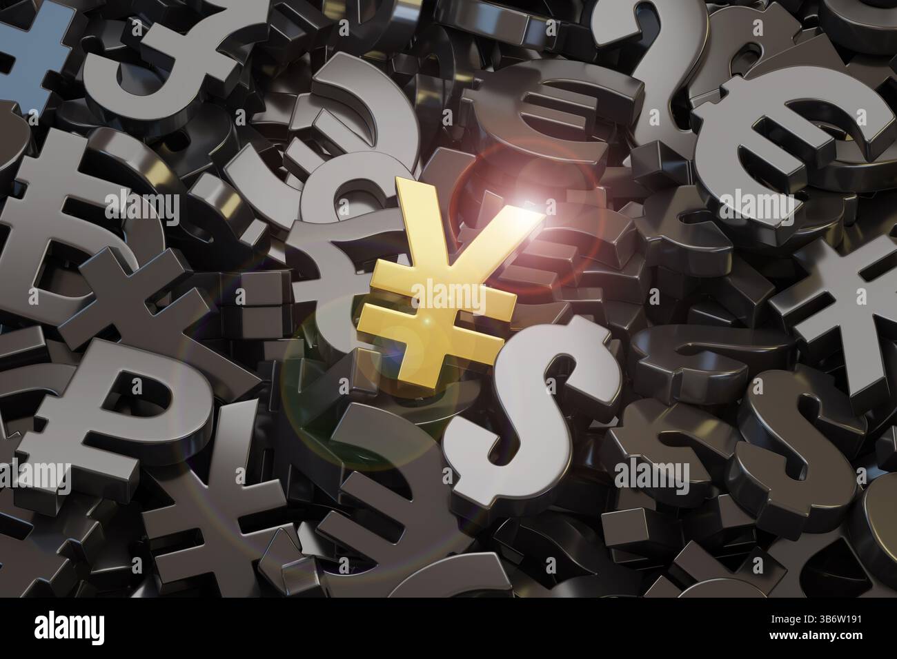 Simbolo dello yuan dorato tra gli altri simboli di valuta. illustrazione 3d. Foto Stock