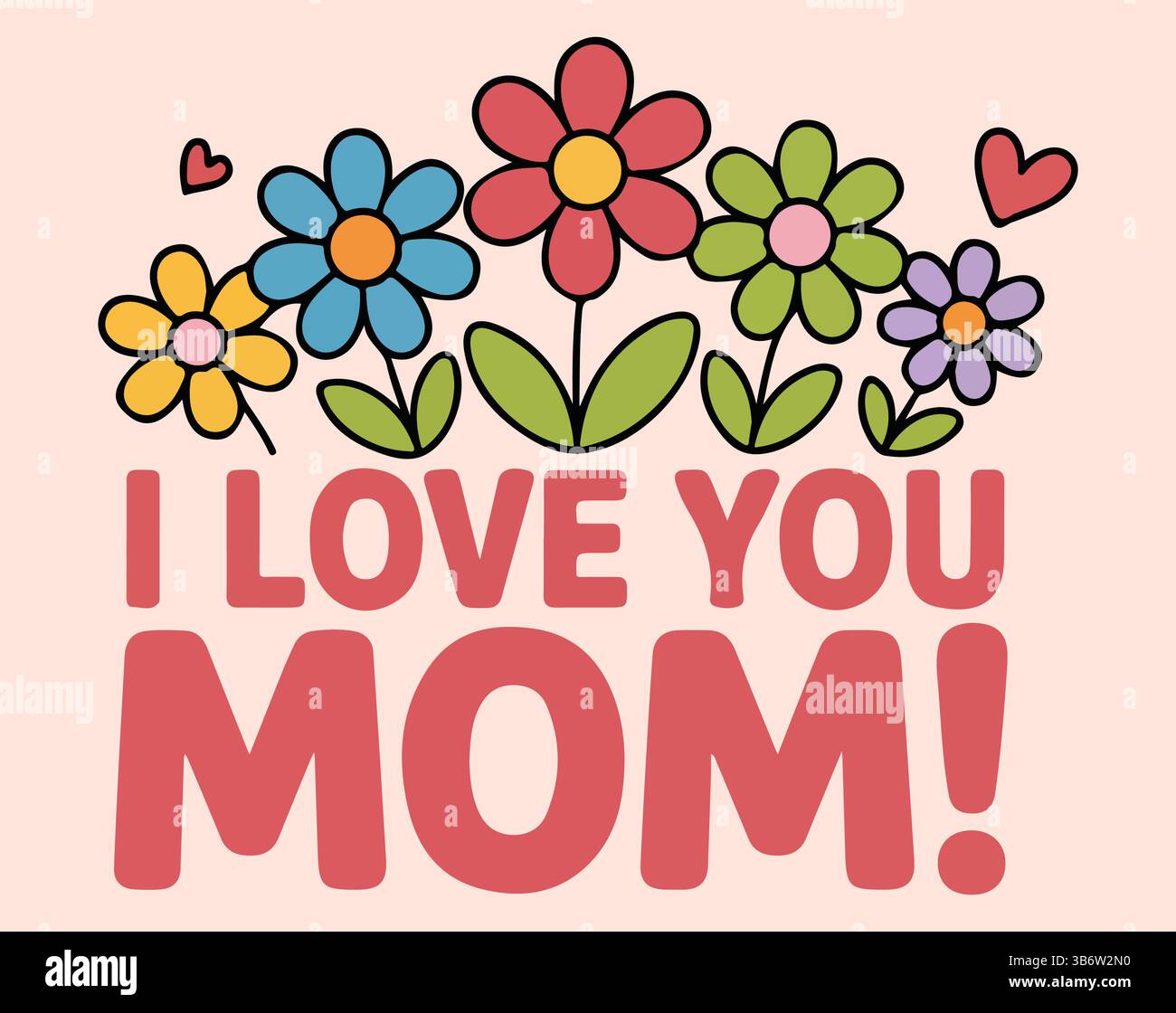 Bouquet di fiori vettoriali in stile cartoni animati con i LOVE YOU MAMMA! testo su sfondo pastello delicato Illustrazione Vettoriale