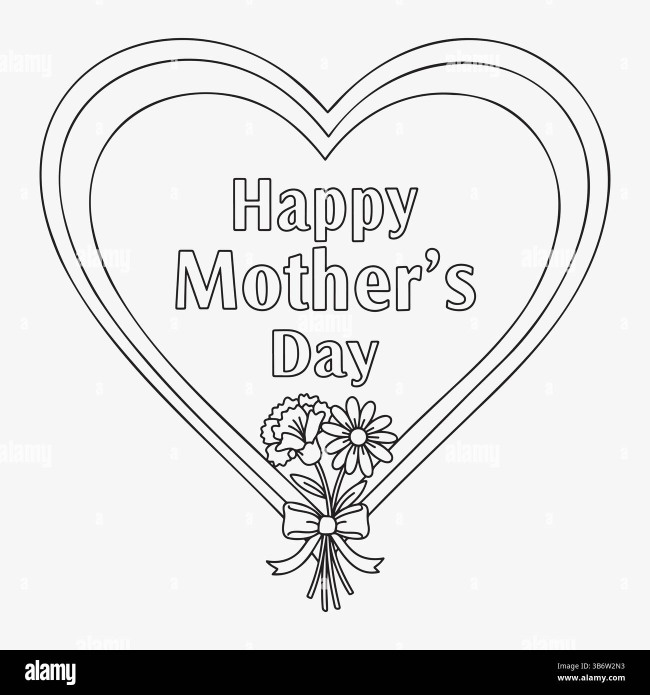 felice festa della mamma contorno cardiaco disegnato a mano con foglio colorato con bouquet floreale Illustrazione Vettoriale