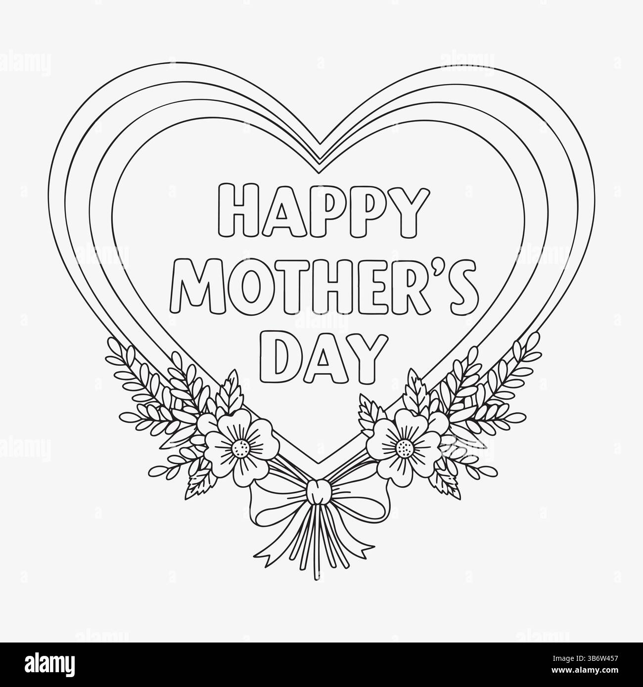 felice festa della mamma contorno cardiaco disegnato a mano con foglio colorato con bouquet floreale Illustrazione Vettoriale