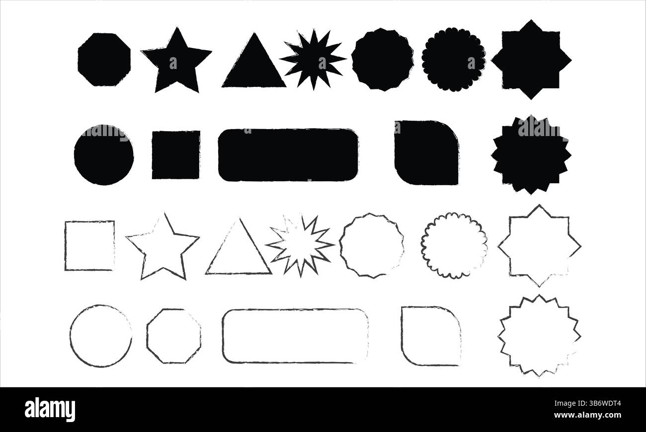 Set di forme geometriche grungy di base. vettore di forme ruvide e disordinate. Illustrazione Vettoriale