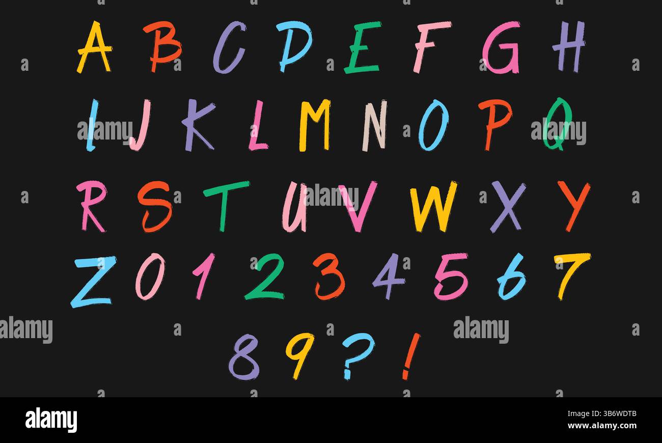 Alfabeto e numeri colorati disegnati a mano: Carattere ruvido in stile pennello per tipografia audace, design per bambini e progetti di Street art. Illustrazione Vettoriale