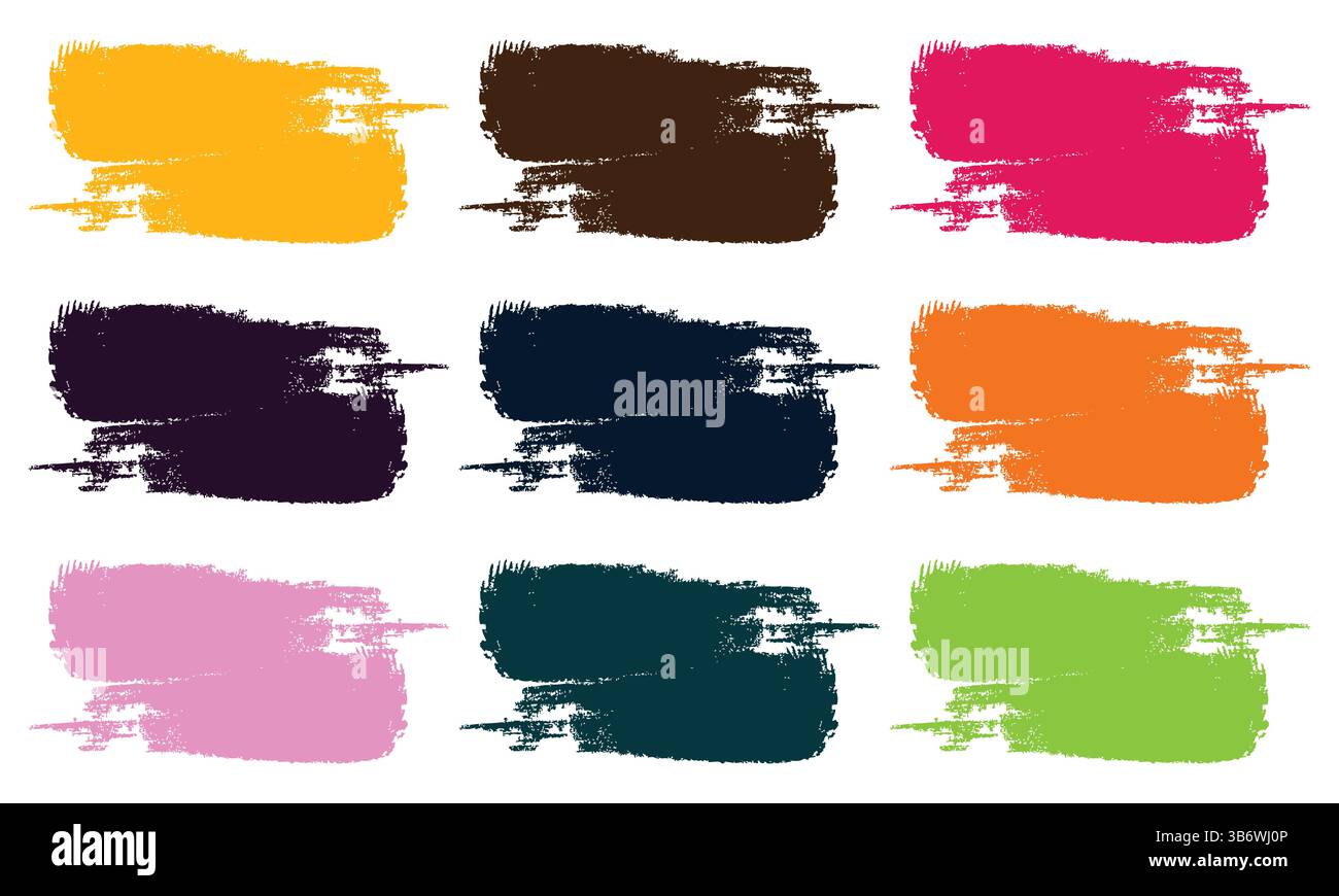 Grunge segni o forme del pennello in colori vivaci, elementi vettoriali disegnati a mano per progetti di design creativo, poster e arte digitale. Illustrazione Vettoriale
