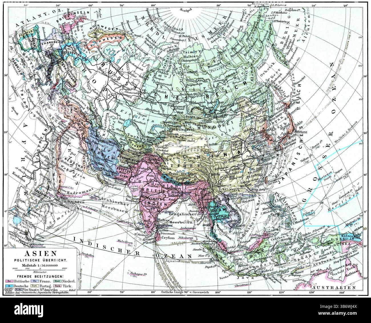Mappa panoramica politica dell'Asia con territori coloniali. Pubblicazione della "Meyers encyclopedia", Vol. 6, Lipsia, Germania, 1910. Foto Stock