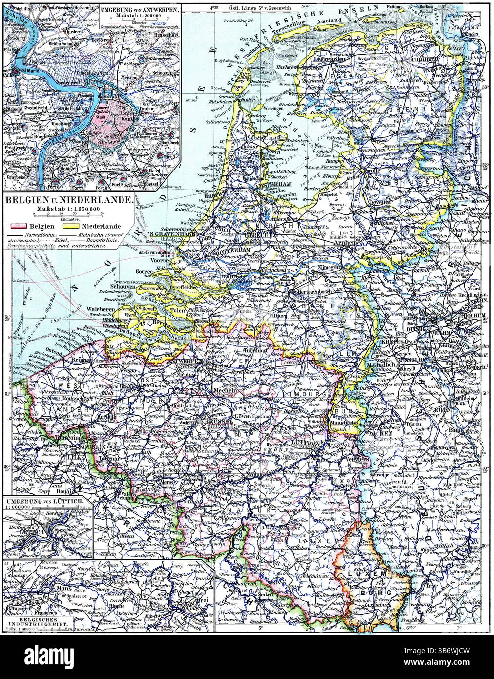 Mappa del Belgio e dei Paesi Bassi con incasso dei dintorni di Anversa. Pubblicazione della "Meyers encyclopedia", Vol. 6, Lipsia, Germania, 1910 Foto Stock