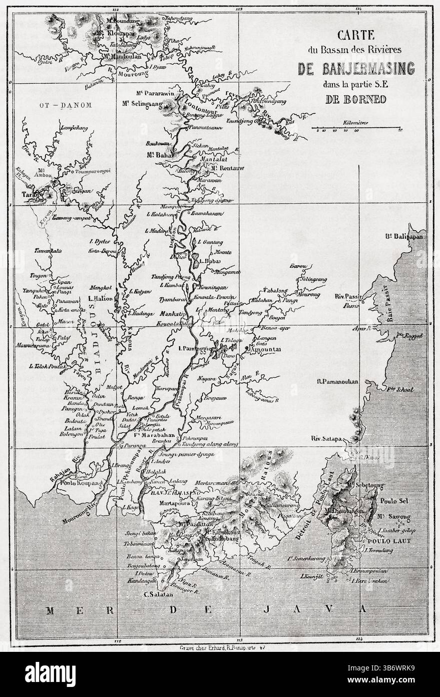 Mappa che mostra il bacino fluviale di Banjarmasin, Kalimantan meridionale, Borneo, Indonesia, XIX secolo. Da Voyages on the Island of Borneo, 1847 - 1852. Apparso in le Tour du Monde, pubblicato nel 1862. Foto Stock