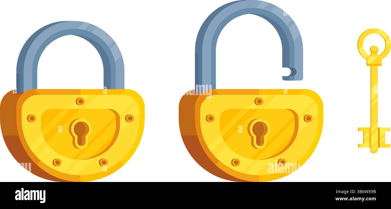 Immagine di una chiave con serratura semicircolare aperta e chiusa. Set di serratura e chiave in stile moderno. Illustrazione Vettoriale