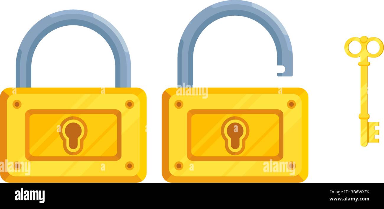 Immagine delle serrature dettagliate con serratura aperta e chiusa e chiave. Set di serratura e chiave in stile moderno. Illustrazione Vettoriale