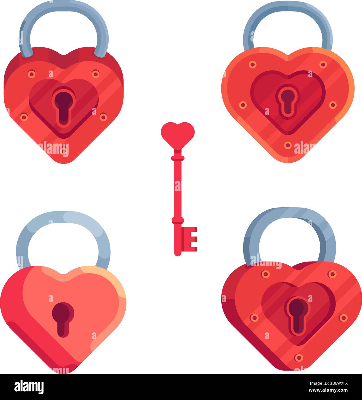 Lucchetti rossi chiusi a forma di cuori con una chiave per loro. Illustrazione stilizzata delle serrature con chiave. Illustrazione Vettoriale