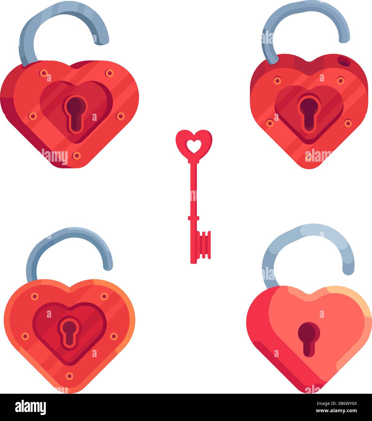 Le serrature rosse aperte a forma di cuori con una chiave per loro. Illustrazione stilizzata delle serrature con chiave. Illustrazione Vettoriale