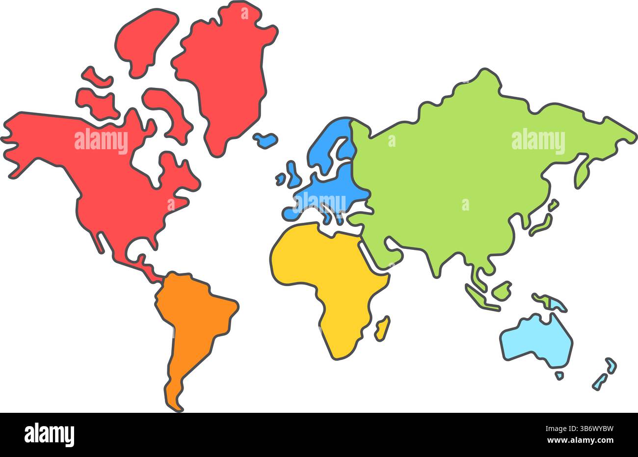 Illustrazione vettoriale semplificata della mappa mondiale con i continenti. Mappa del mondo in moderno stile minimalista con continenti evidenziati Illustrazione Vettoriale