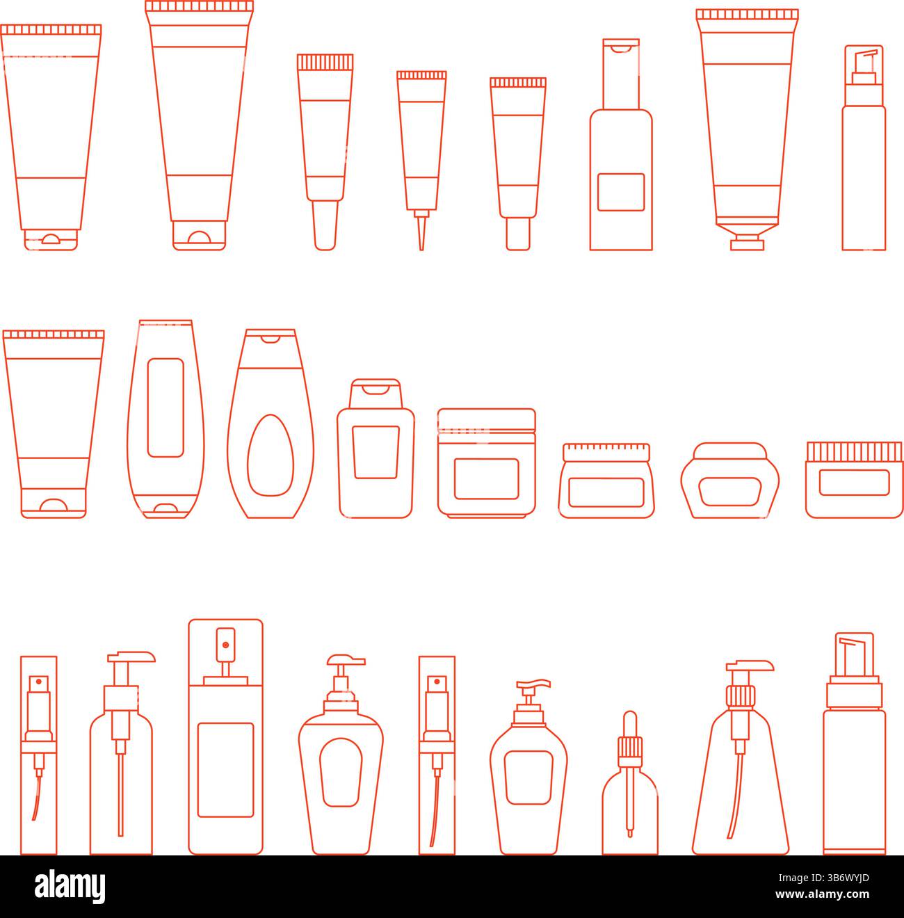 Collezione di illustrazioni di imballaggi per cosmetici in stile delineato. Tubi, spray, vasetti e altri imballaggi cosmetici in stile semplice. Illustrazione Vettoriale