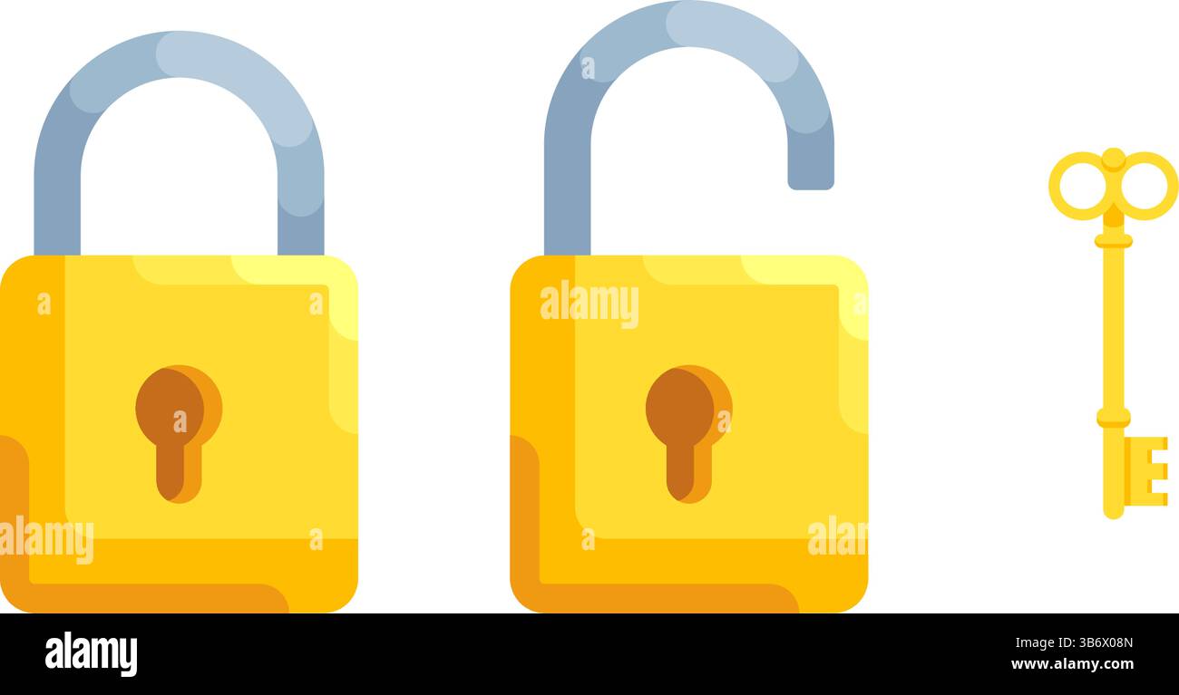 Immagine delle serrature dettagliate con serratura aperta e chiusa e chiave. Set di serratura e chiave in stile moderno. Illustrazione Vettoriale