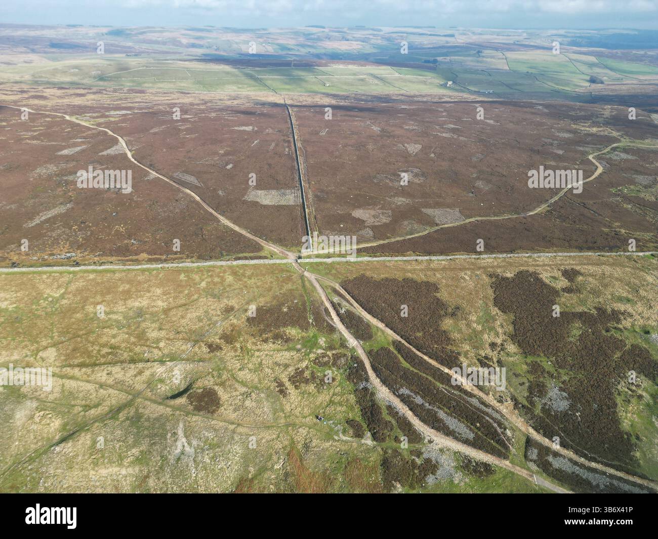 Vista aerea della brughiera vicino a Reeth, nello Yorkshire Dales, che mostra i confini di pareti di pietra a secco che dividono la campagna aperta sotto un cielo primaverile. Foto Stock