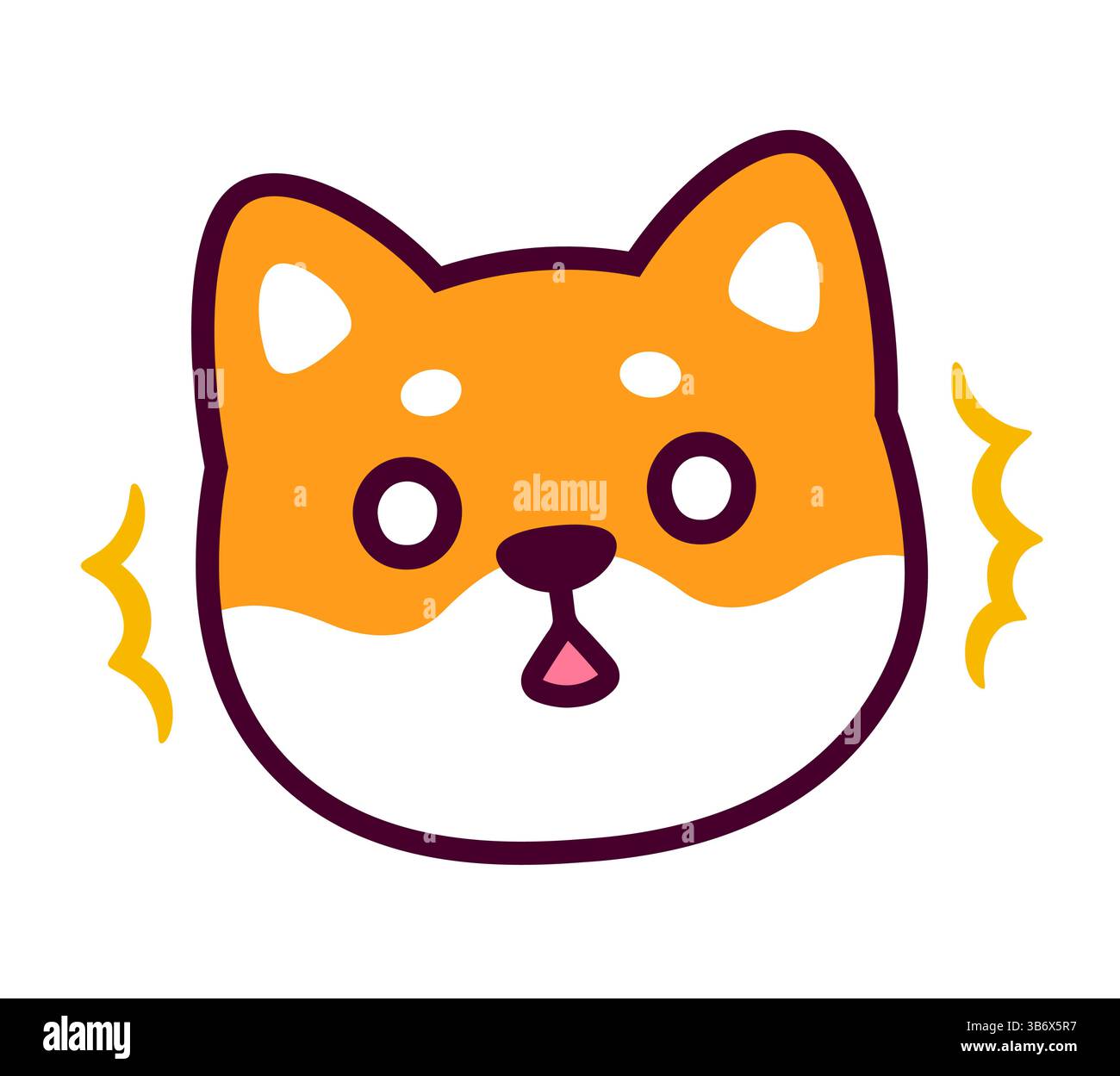Carino cartone animato ha scioccato il disegno del volto di Shiba Inu. Simpatico personaggio di cane con espressione sbalorditiva, semplice illustrazione vettoriale disegnata a mano. Illustrazione Vettoriale