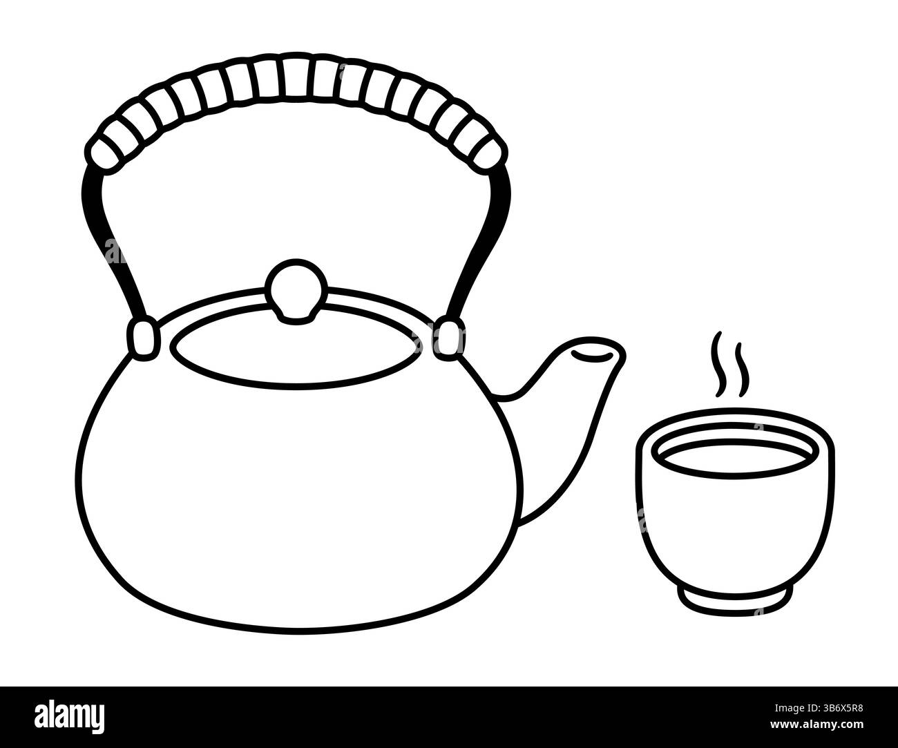 Cerimonia del tè giapponese. Teiera di argilla e tazza di tè verde. Disegni a linee in bianco e nero, semplice illustrazione vettoriale disegnata a mano. Illustrazione Vettoriale