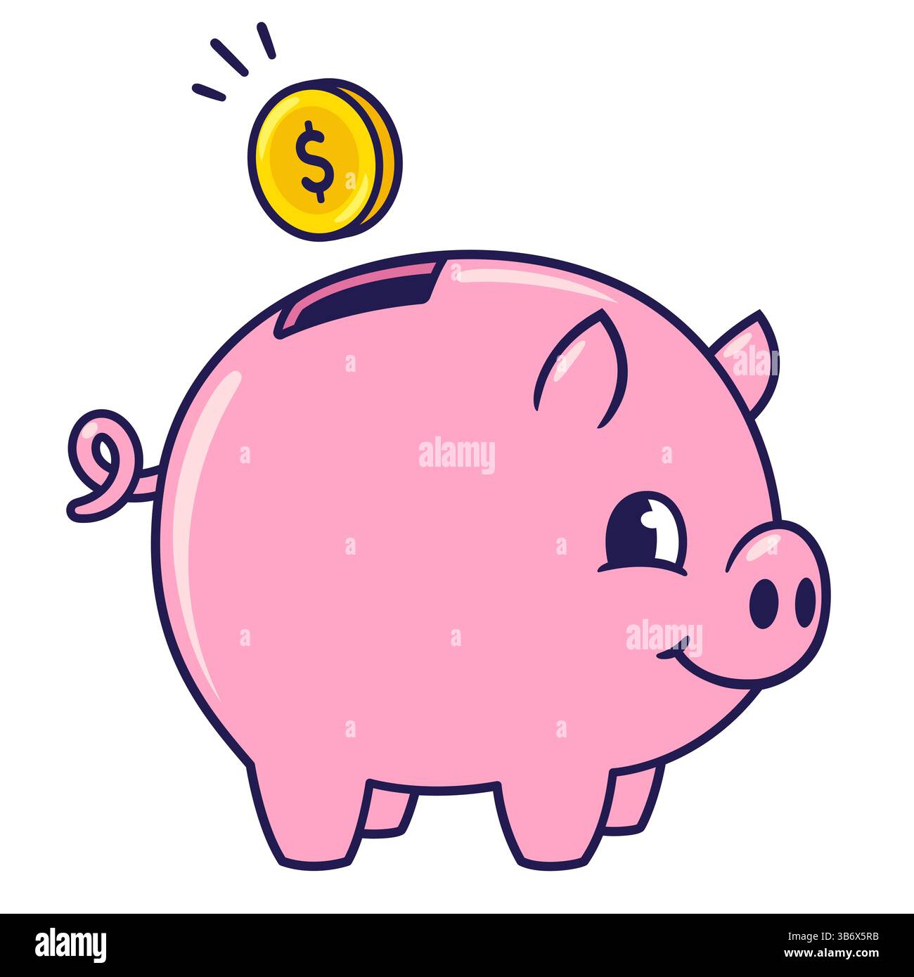 Carino disegno di un salvadanaio cartoni animati. Divertente salvadanaio con moneta da un dollaro. Illustrazione vettoriale per risparmiare denaro. Illustrazione Vettoriale