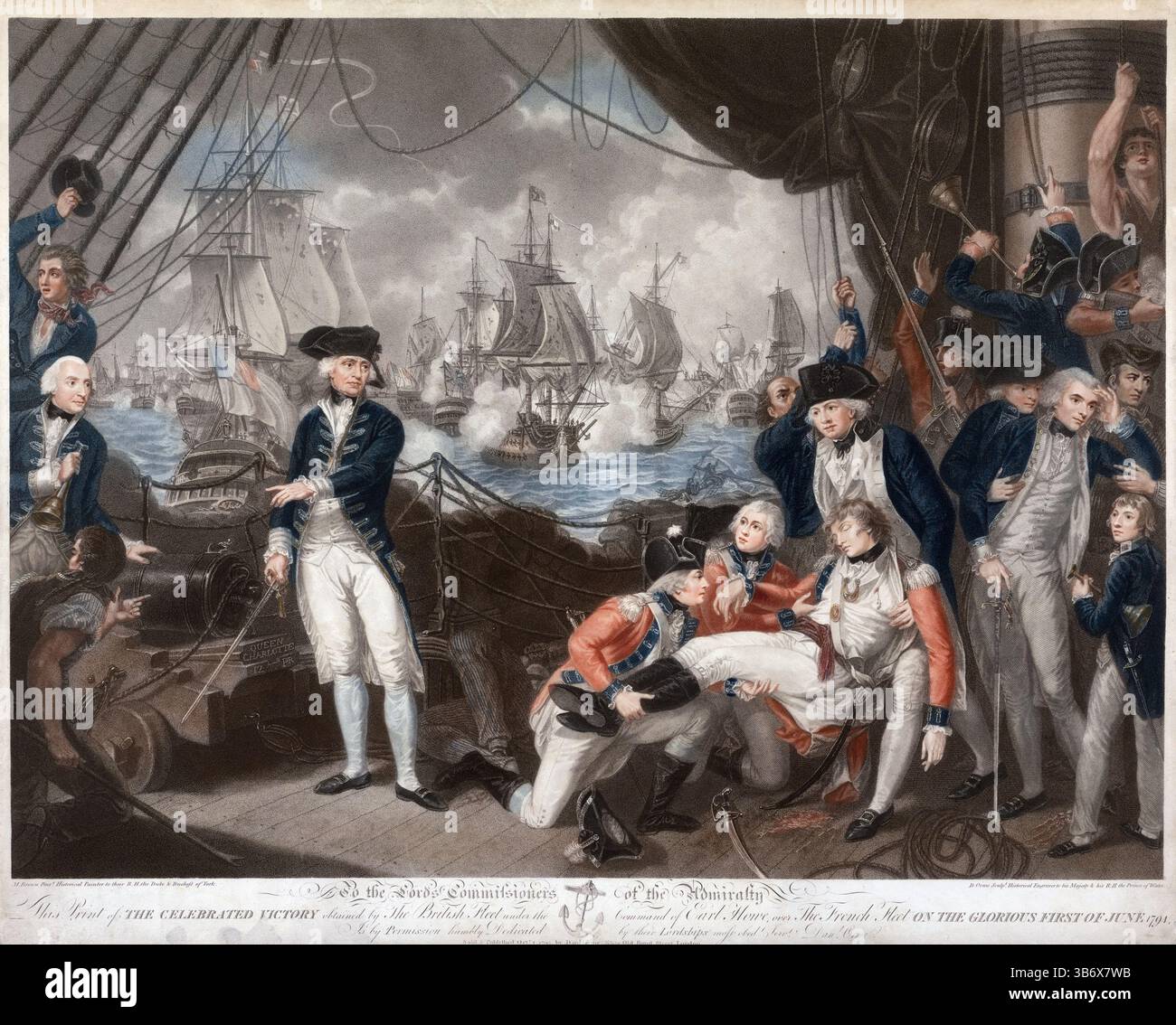 Un'incisione colorata della celebrata Vittoria nella gloriosa prima di giugno 1794 Vittoria di Lord Howe, ufficiali della Royal Navy britannica marinai di Daniel orme dopo Mather Brown 18 ° secolo prospettiva storica incisione acquerello arte vintage stampa antica Foto Stock