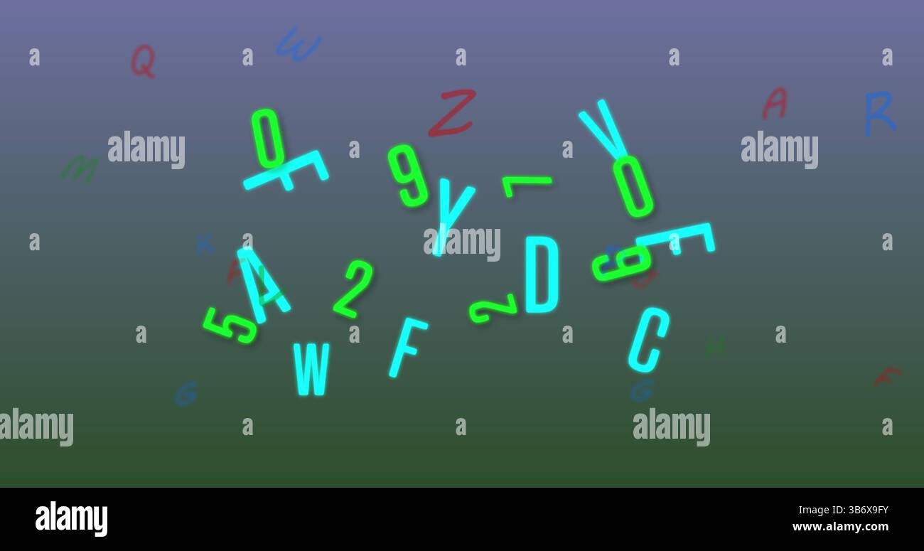 Immagine di numeri e lettere che passano su sfondo blu e verde Foto Stock