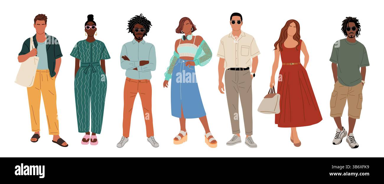 Set di eleganti uomini e donne con un outfit estivo casual Illustrazione Vettoriale
