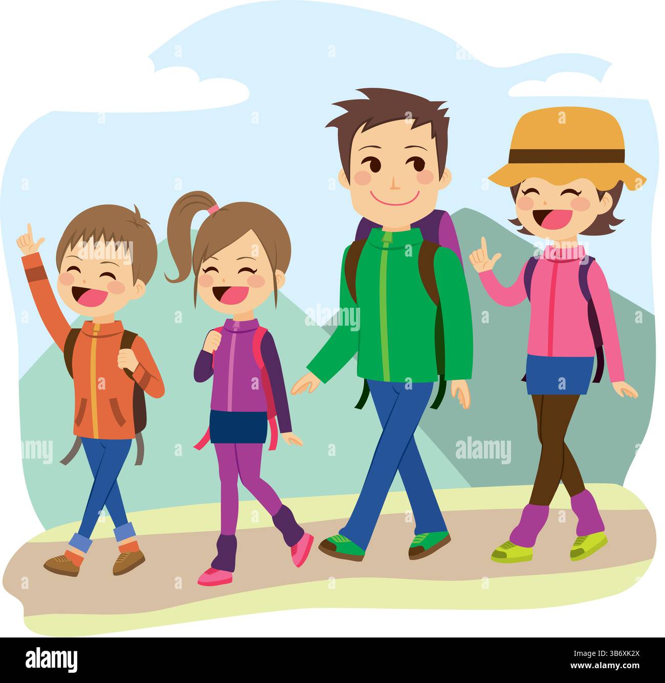 Famiglia felice che scalerà la montagna in una giornata di vacanza Illustrazione Vettoriale