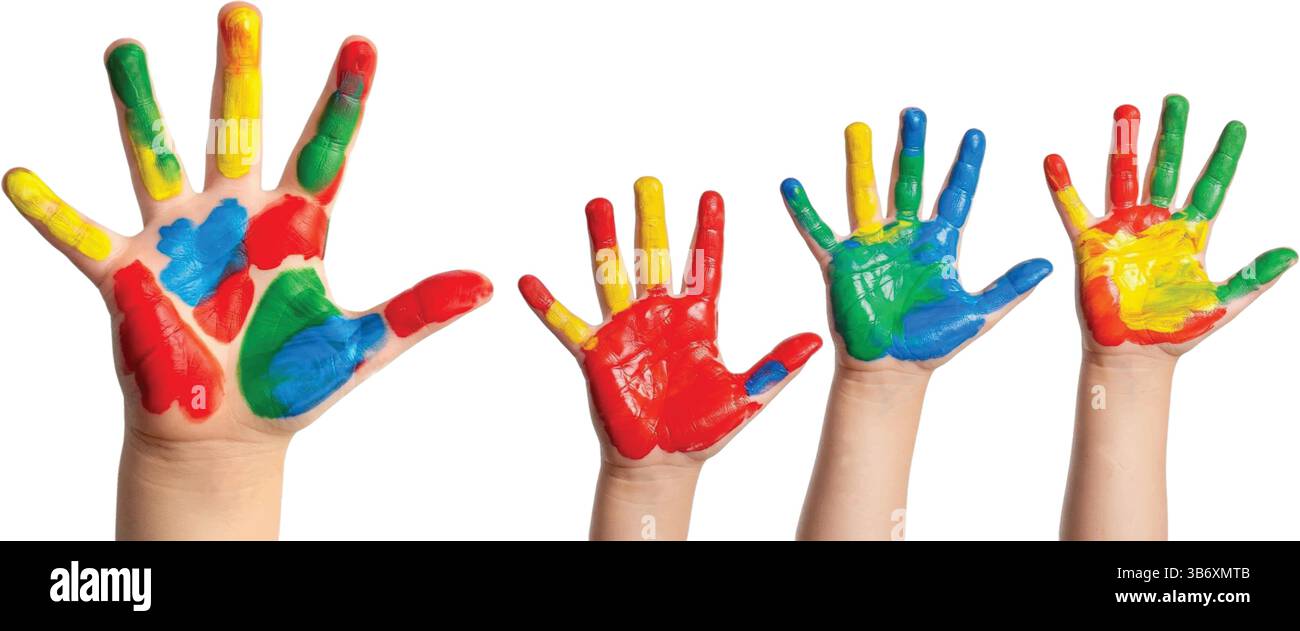 Quattro mani sollevate, coperte da colori primari vivaci. Un simbolo di creatività, infanzia e arte collaborativa Illustrazione Vettoriale