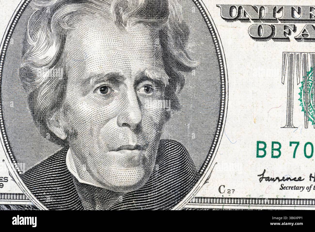 Dettagli di venti dollari americani in contanti, una banconota di 20 dollari americani Foto Stock