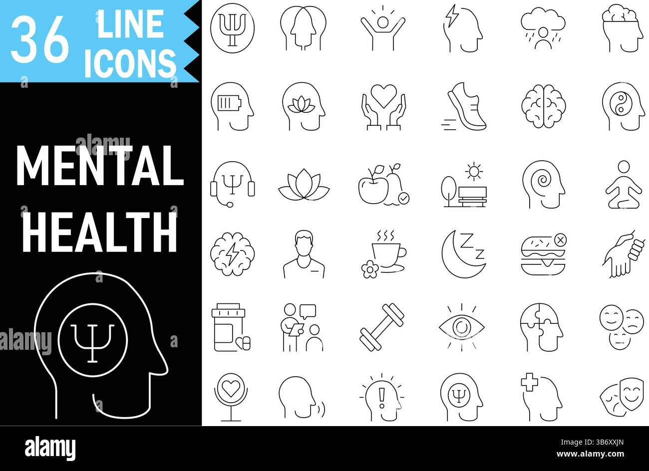 Raccolta di icone di linea mentali e psicologiche. Set di icone dell'interfaccia utente di grandi dimensioni in un design piatto. Pittogrammi della traccia vettoriale modificabili. Illustrazione EPS10.eps Illustrazione Vettoriale