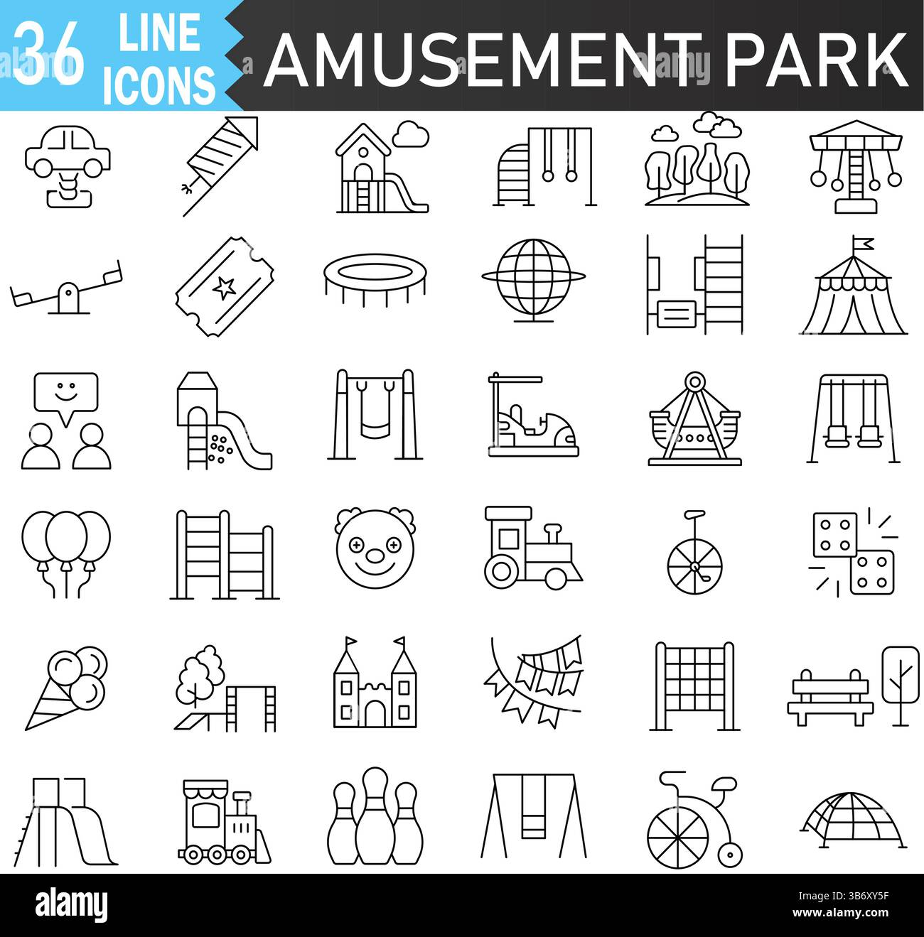 Set di icone della linea del parco divertimenti: 36 illustrazioni in stile Thin Line di Carnevale, parco giochi e attività di intrattenimento. Perfetto per UI, Web e Stampa Illustrazione Vettoriale
