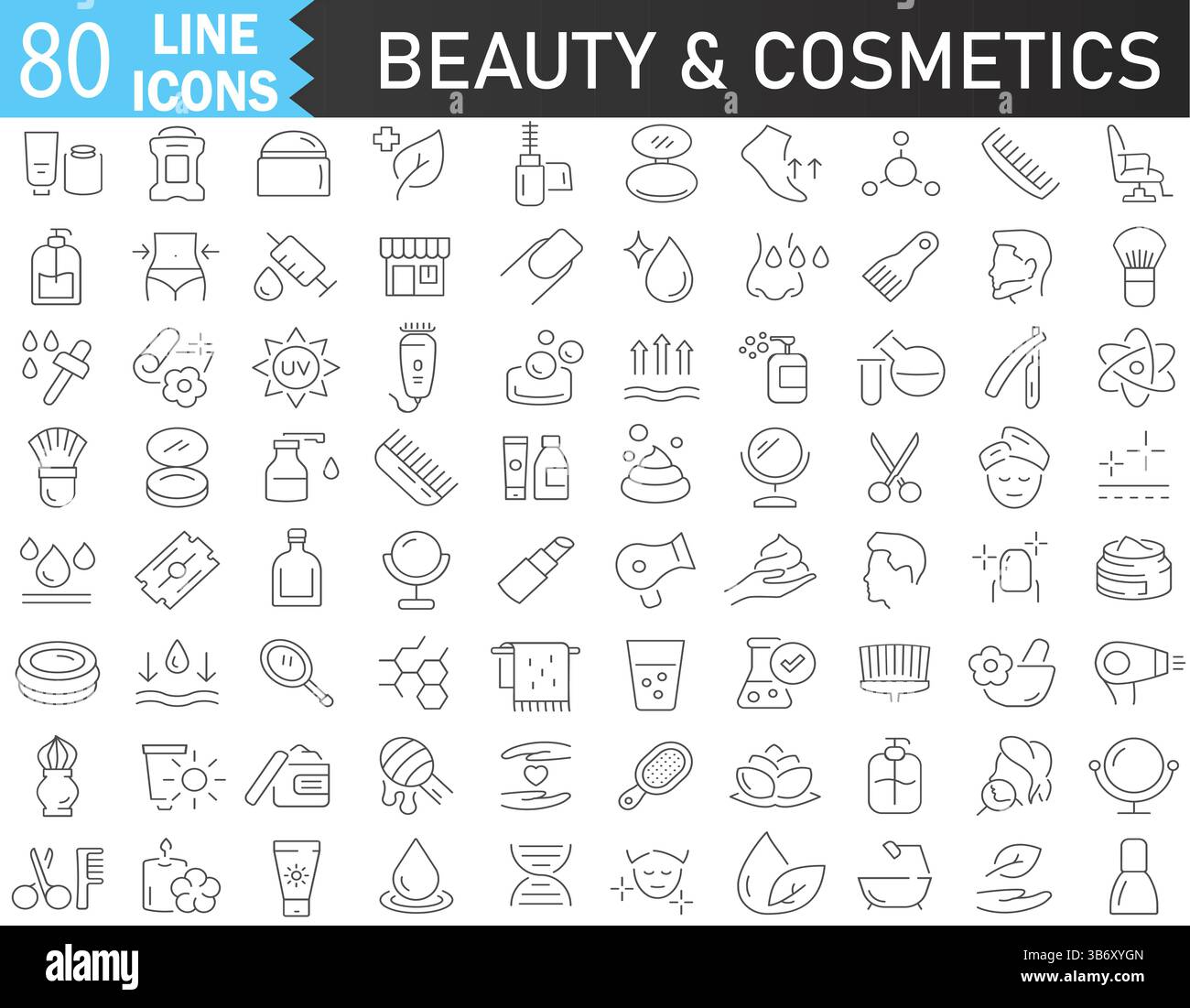 Set di icone della linea vettoriale bellezza e cosmetici. Cosmetici, bellezza, cura della pelle, trucco, profumo, fragranza, capelli. Pittogrammi della traccia vettoriale modificabili. Illustrazione Vettoriale
