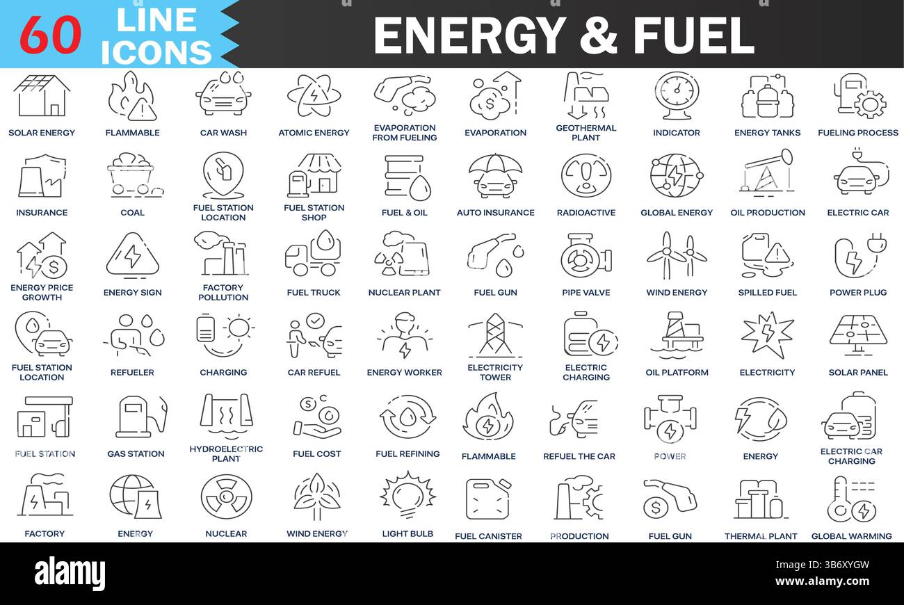 Raccolta icone tubazione carburante e energia. Icone di alimentazione, stazione di servizio, ricarica, auto. Set di icone UI. Pacchetto di icone con contorno sottile. Pittogramma del tratto vettoriale modificabile Illustrazione Vettoriale
