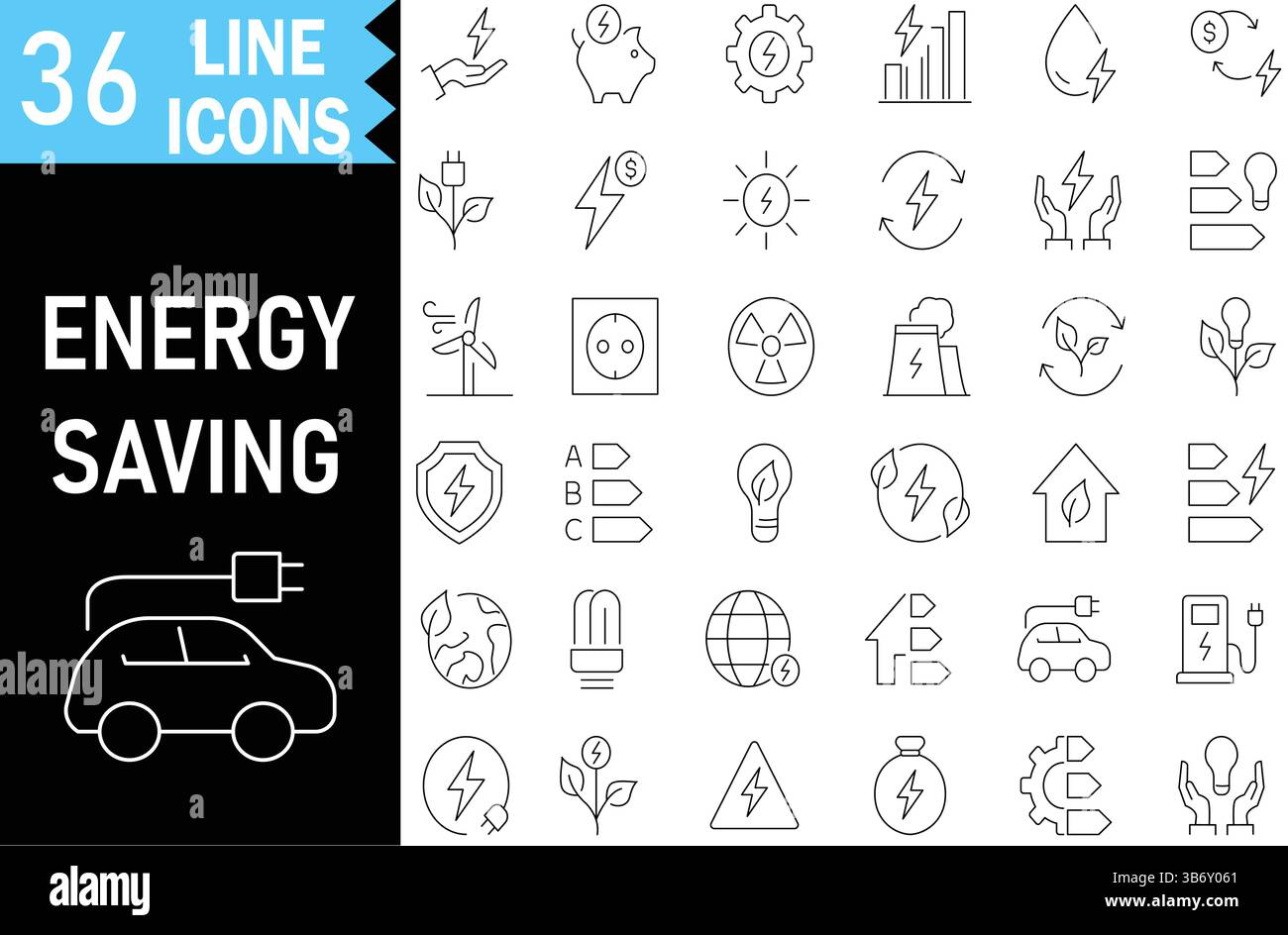 Icone di contorno a risparmio energetico con raccolta di tracce modificabile. Include energia solare, pianeta verde, energia, auto eco, centrale nucleare, produzione di energia. Illustrazione Vettoriale