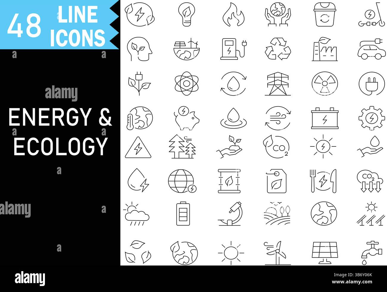 Set di icone modificabili della linea energia ed ecologia. Raccolta dei simboli energia sostenibile, natura, riciclaggio, trasporto ecologico e pianeta verde. Vettori. Illustrazione Vettoriale